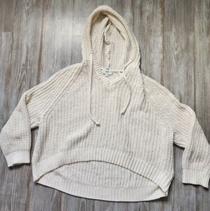 Aerie Cropped Knit Hi Low Hoodie White Oversized Long Sleeve Drawstring Sz L